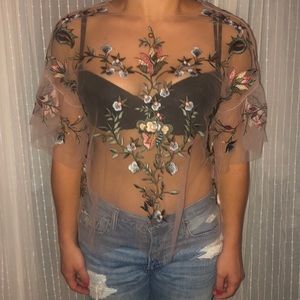 ZARA sheer embroidered floral blouse